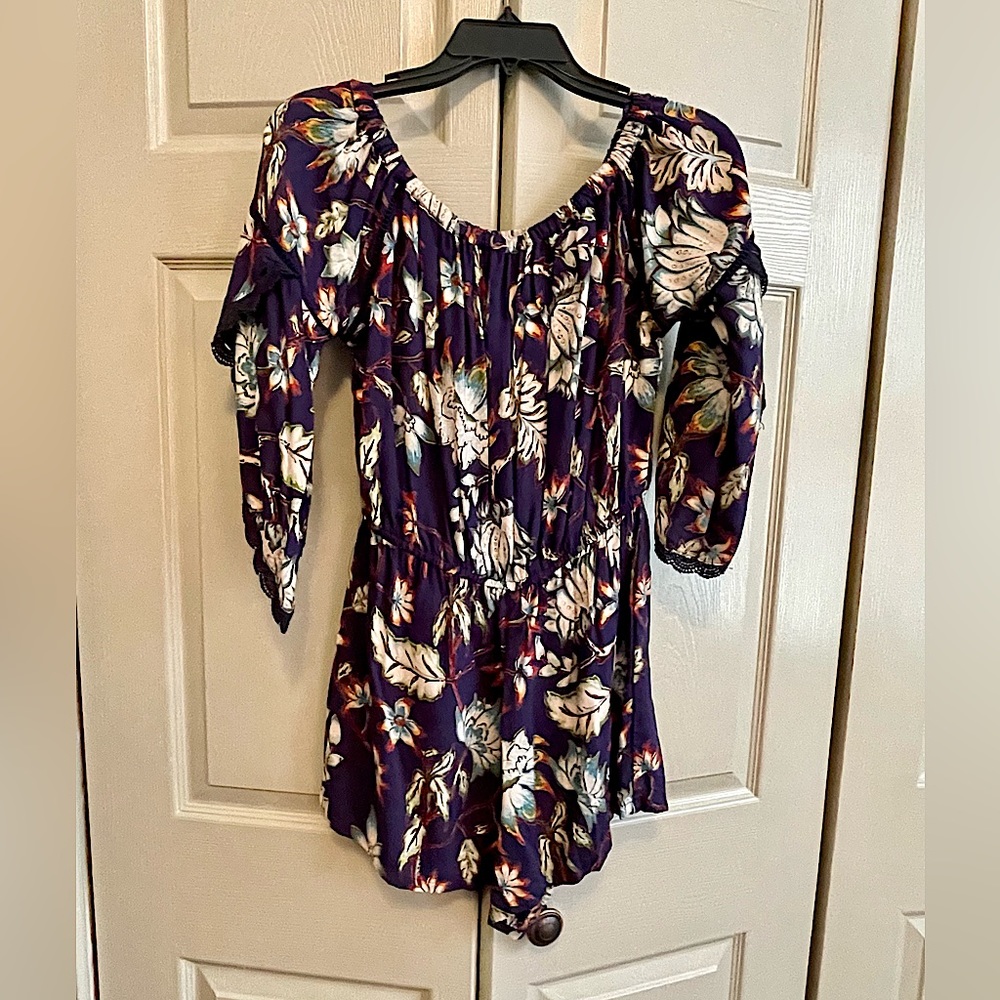 Angie Blue Floral Romper with Crochet Detailing on Sleeves